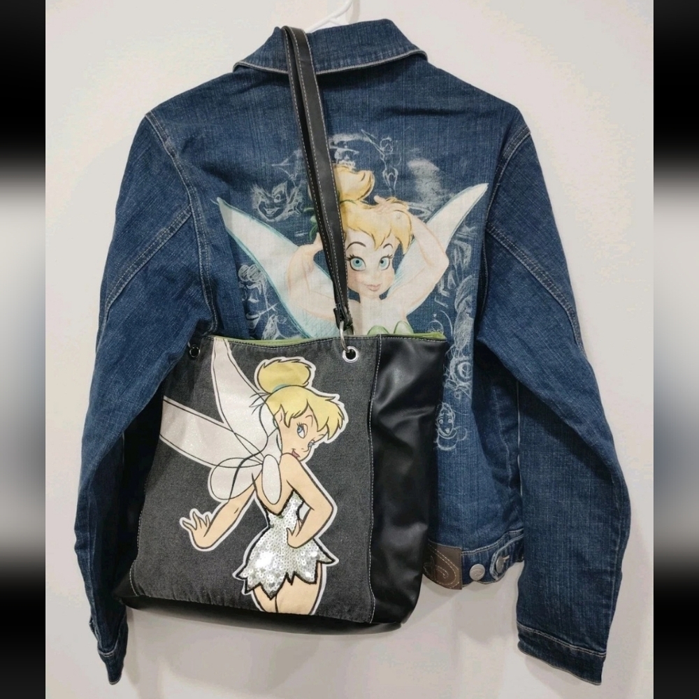 VTG DISNEY TINKER BELL STUDIO COLL LADIES M DENIM JACKET + TOTE BAG CANVAS & PVC
